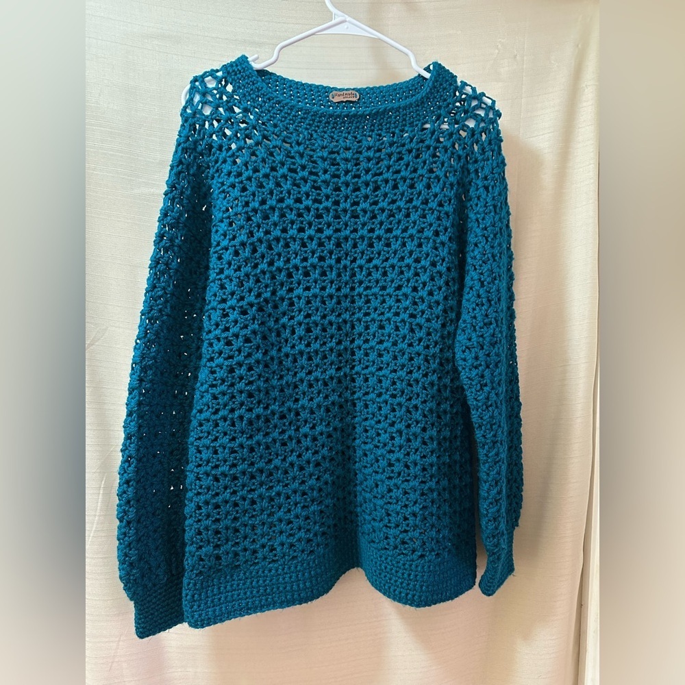 Handmade Teal Crochet Open Knit Sweater | Boho Oversized Pullover